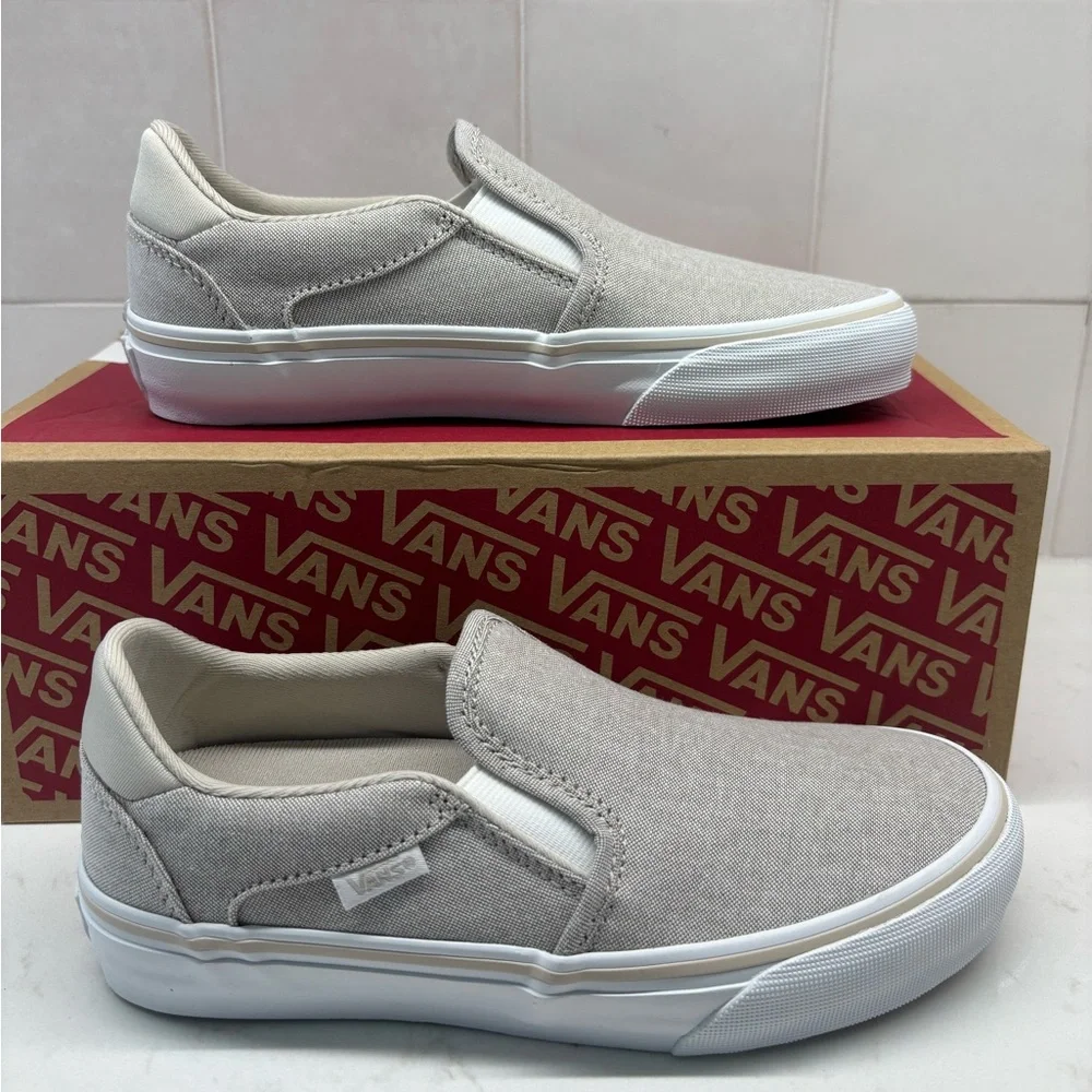 Vans Slip-On Canvas Sneakers in Light Gray and White - Picture 1 of 6